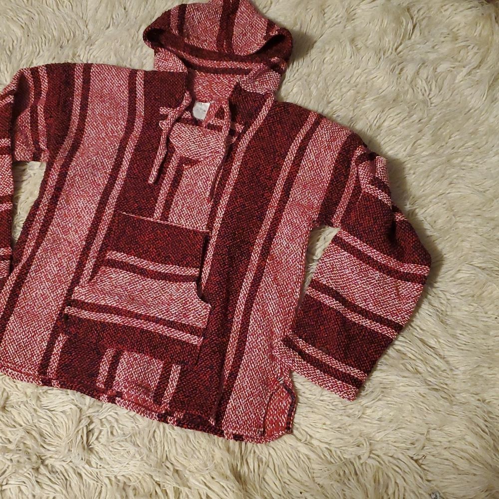 Red And Magenta Striped 90S Baja Bojo Hoodie Poncho Rug Size Large - Picture 3 of 5